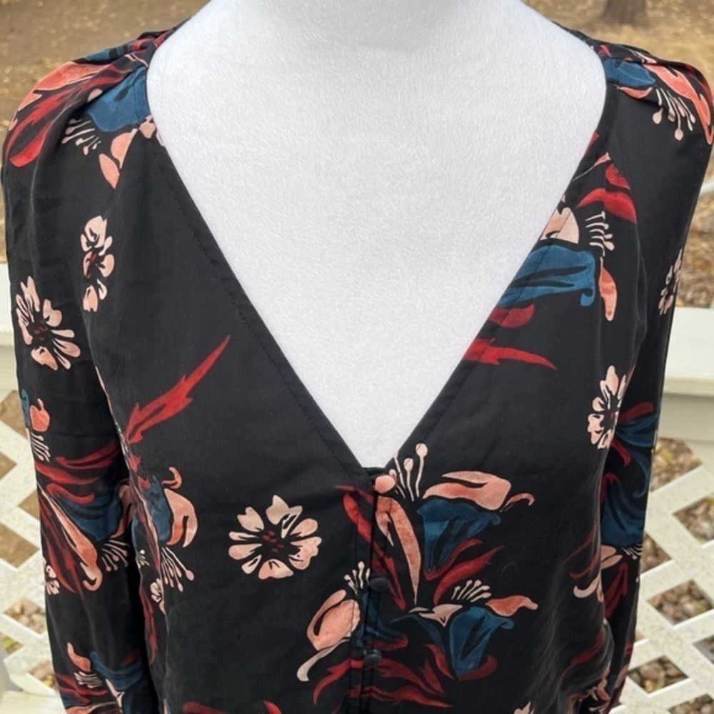 Joie Black Floral Silk Button Up Blouse Top Women Small Elastic Cuff Frill Lined - Picture 11 of 13